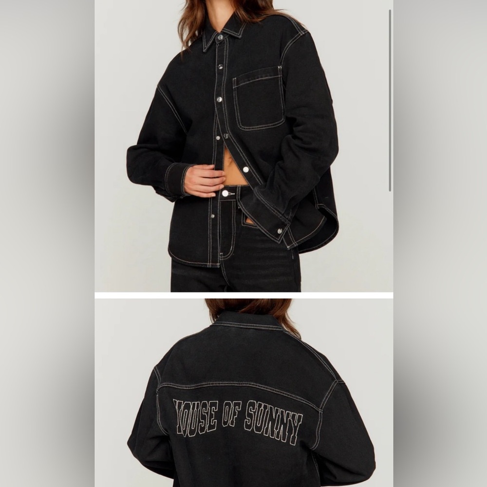 House of Sunny Black Denim Jacket with White Topstitching